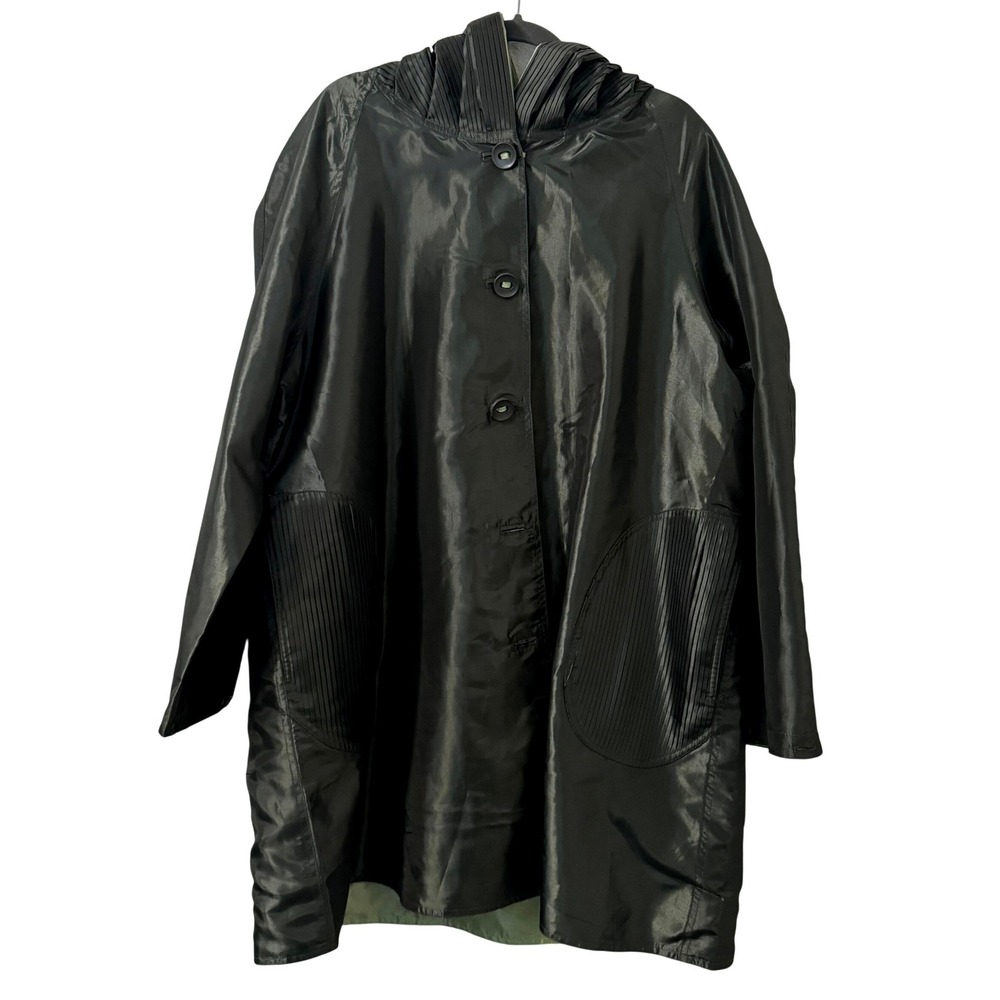 New Ubu Raincoat 1X Olive Green Reversible Hooded Polyester‎ Button Front Travel
